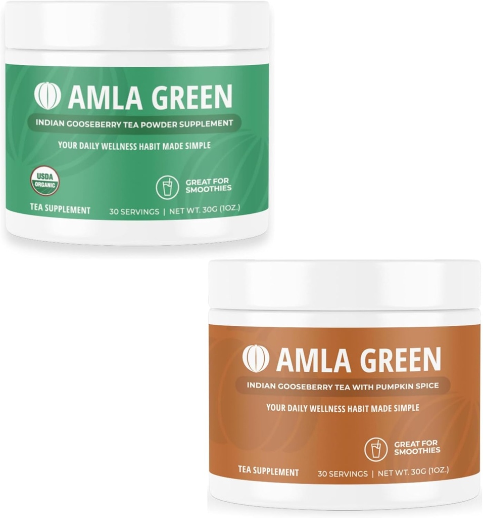 Amla Powder & Green Chá Suplemento Superalimentar com Groselhas indianas & Abóbora Especiaria, Orgânico, Vegan, 30 Servings SKU: GB-HB-30