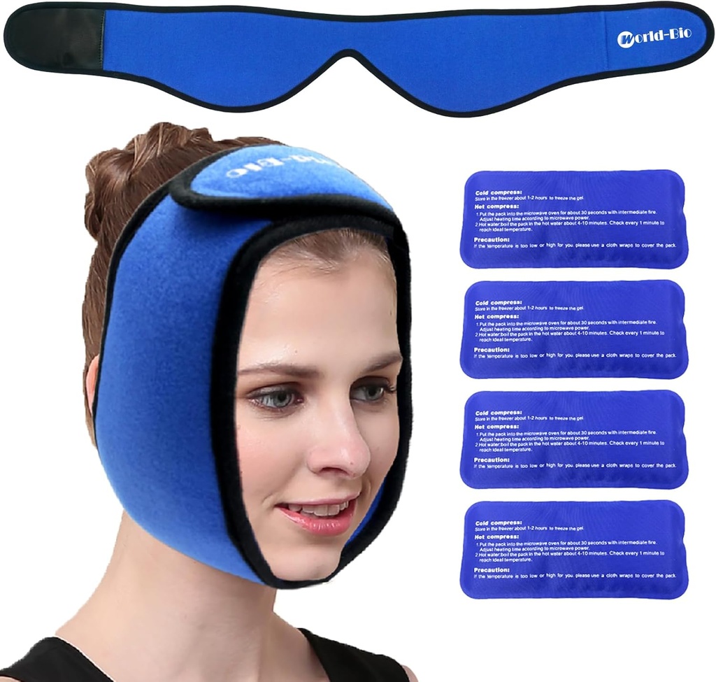 Face Pacote de Gelo Envoltório para TMJ, Dentes de Sabedoria, WORLD-BIO Envoltório de mandíbula com 4 embalagens de gel de terapia fria quente reutilizável para cabeça, queixo, cirurgia oral e facial, alívio da dor para inchação, lesões, implantes dentários