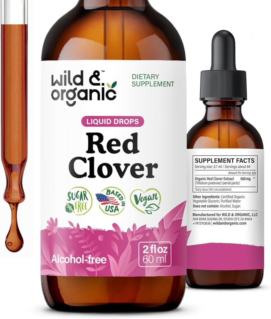 Wild & Organic Red Clover Extract Drops - Suplementos de menopausa para as mulheres - 600 mg Liquid Red Clover Tintura - 1 mês de fornecimento - Trifolium Pratense Blossom - Açúcar & Álcool-livre - 2 onças