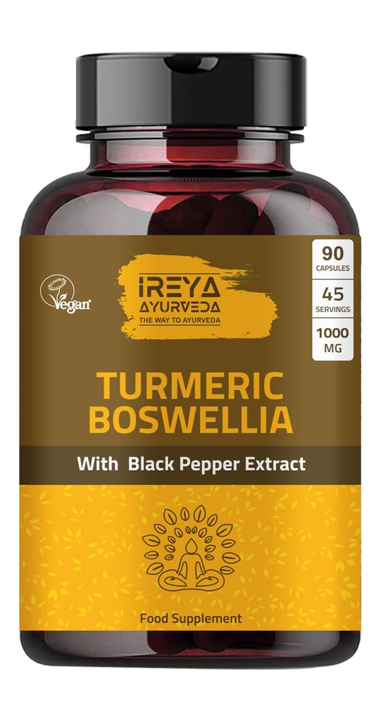 Boswellia Extract Cápsulas (90 Cápsulas) 1000 mg - Boswellia Serrata com 95% de Extracto de Pimenta Negra e Curcuminóides Extracto e 65% de Extracto de Boswellia