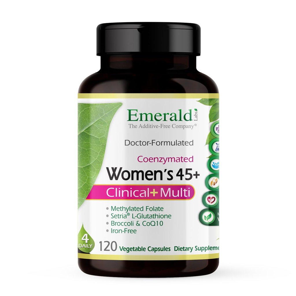 Laboratórios de Esmeralda Mulheres 45+ Multi Clínica - Multivitamin para suporte abrangente, saúde óssea e cardíaca* - Projetado para mulheres 45+ - Sem glúten e vegetariano - 120 Cápsulas Vegetais (fornecimento de 30 dias)