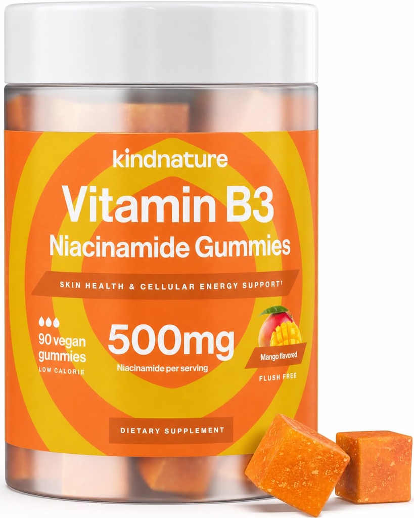 kindnature Vitamina B3 Gummies de Niacin - Flush Free Niacinamida 500mg Suplemento - Vegan, Não-GMO, Baixa-Caloria, Sem Glúten, Soy-Fee, 3o Partido Lab testado - 1 mês de fornecimento, 90 chicletes mastigáveis