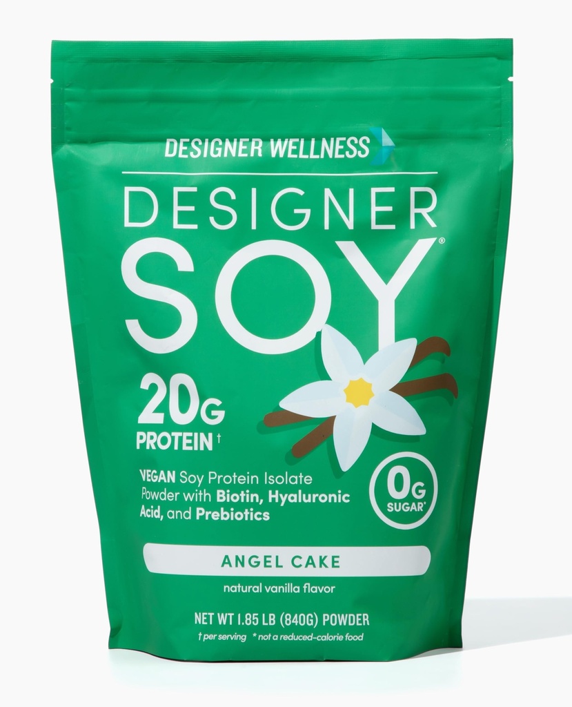 Designer Wellness, Soja Isolate Protein Powder com Biotina, Ácido Hialurônico e Prebióticos, Vegan, 0 Açúcar, Não-GMO, Baunilha de bolo de anjo, 1,87 lb