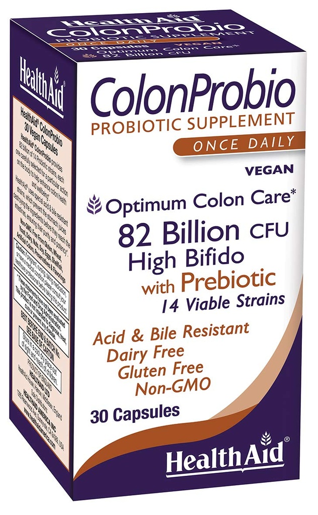 HealthAid ColonProbio 82 Bilião com Prebiótico, 14 Strains, Uma vez por Dia, 30ct, Óptima Colon Care, Ácido & Bile Resistant, Leite Livre, Glúten Livre, Não-GMO