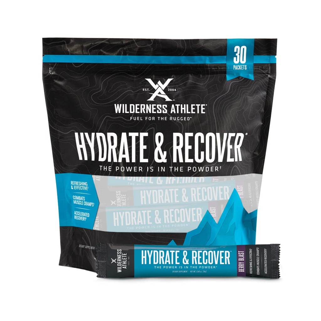 Wilderness Atleta - Hidrate & Recover Pacotes de Hidratação Líquida Mistura de bebida de eletrólitos - Recuperar mais rápido com Bcaas - 30 Pacotes de Hydrate de serviço único (Berry Blast), 0,49 Ounce (Pacote de 30)