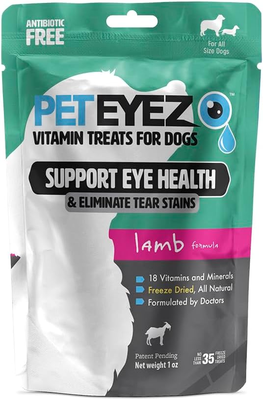 PetEyez Tear Stain Remover Vitamina Doces para Cães - Apoiar a Saúde dos Olhos & Reduzir Coceira & Triturar Stain Buildup - 100% Natural Dog Treats with Superfoods, Antioxidantes & Nutrientes - Lamb Flavor - 1 oz