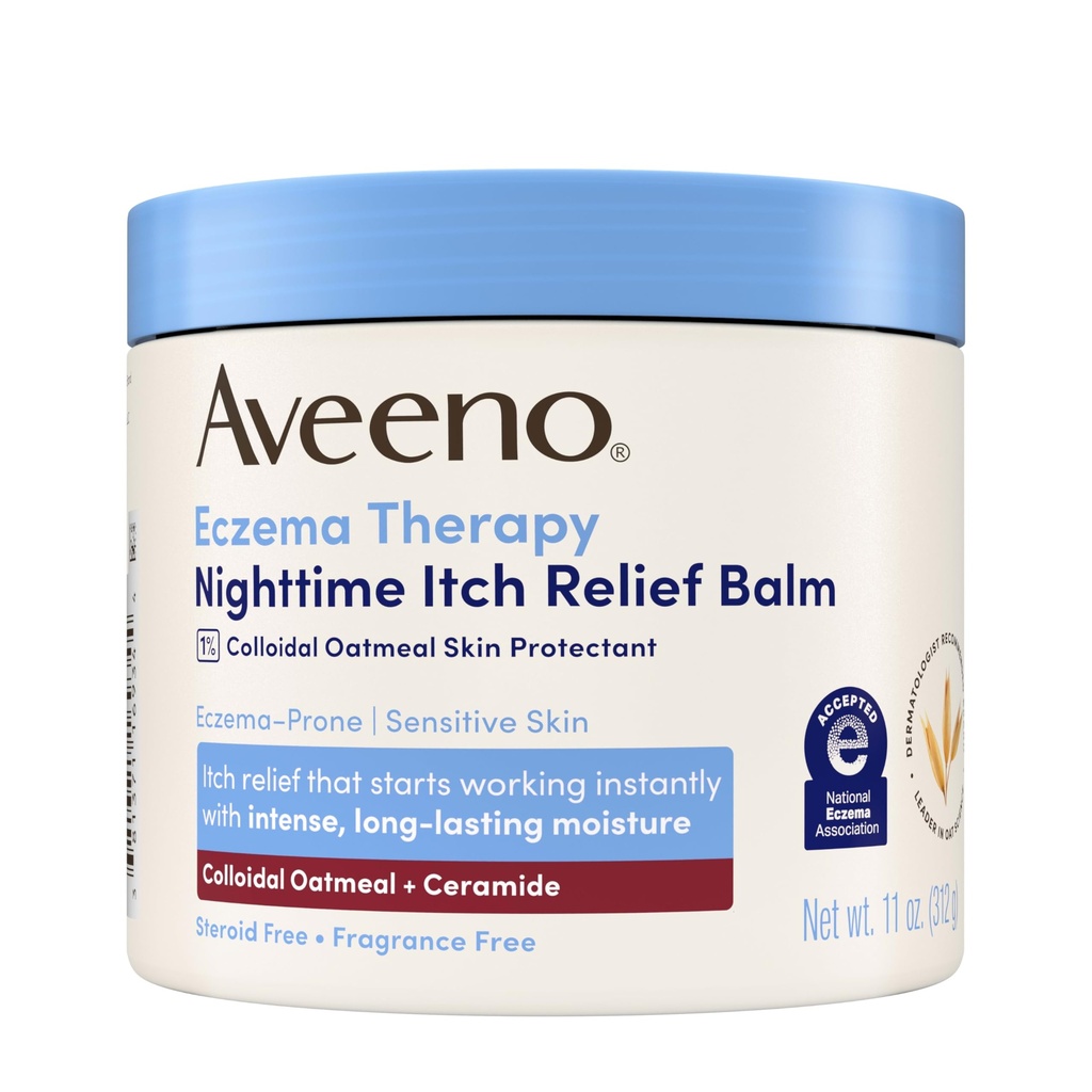 Terapia Aveeno Eczema Nighttime Itch Relief Balm, Creme Eczema para o corpo, Moisturizing Colloidal Aveia & Ceramida Fórmula, Fragrância Livre, Acalmando a pele seca Comichão, 11 fl oz