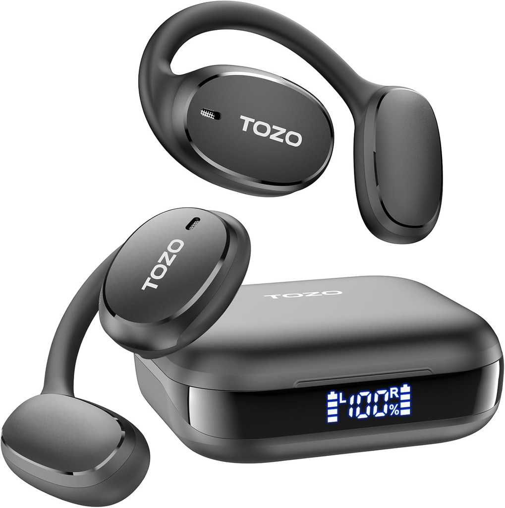 TOZO OpenEgo Open Earbuds Bluetooth Auscultadores, 80Hrs Playtime Wireless Earbuds com Earhooks, Digital Display, 32 EQ Modes, Clear Call, confortável desgaste, prova de suor para executar treino preto