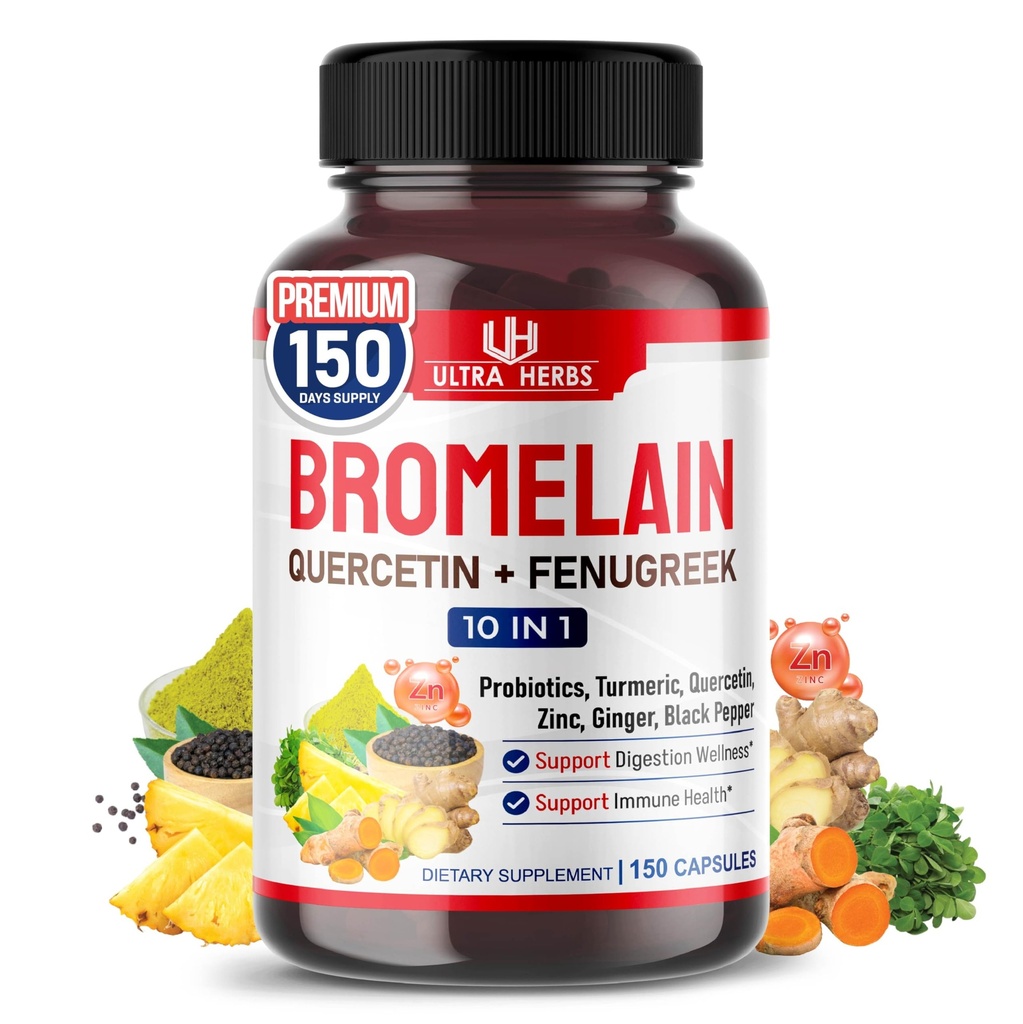 Suplemento de bromelaína com Quercetina, Zinco, Fenugreek, Açafrão, Ginger, Pimenta Preta e Probióticos - Suporta Digestão, Saúde Conjunta e Absorção de Nutrientes