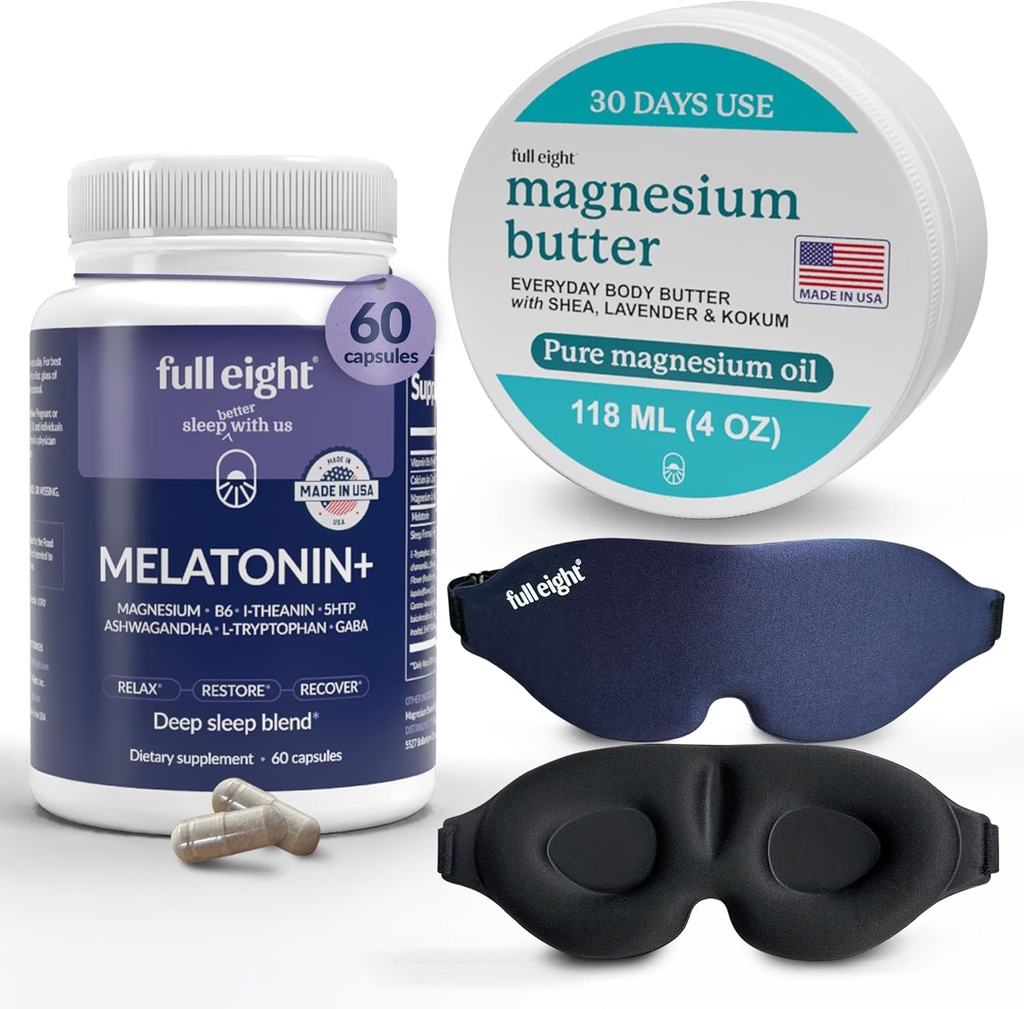 Pacote do sono: Máscara de sono de bloqueio de luz 3D, Melatonina+ Suplementos de Melatonina de dissolução rápida 60 Cápsulas, e Manteiga de corpo de magnésio para pernas tensas e músculos apertados, creme de 4 oz