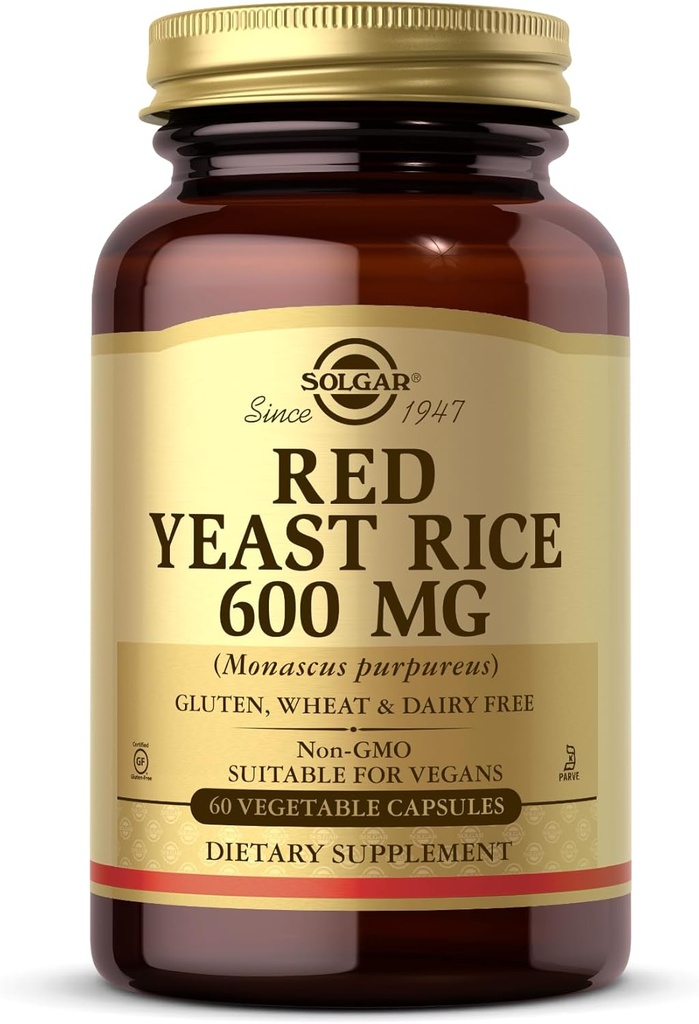 Solgar Red Yeast Rice 600 mg - 60 Cápsulas vegetais - Não-GMO, Vegan, Sem glúten, Lacticínios Grátis, Kosher - 30 Servings
