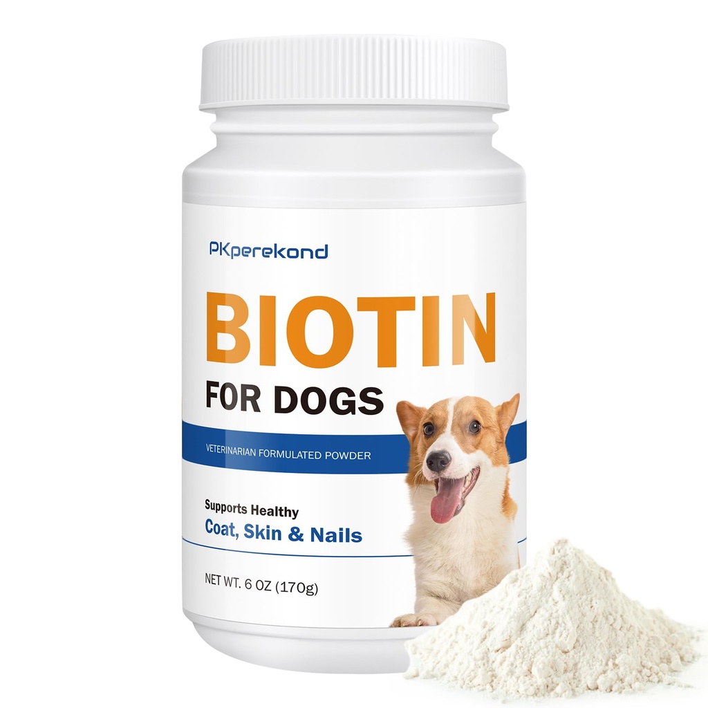 Biotina para cães, Suporta revestimento brilhante e pele saudável, Fortalece as unhas do cão, Biotina em pó Suplemento para pastoreio de cão, Alívio de pele seca para cães, 6 oz