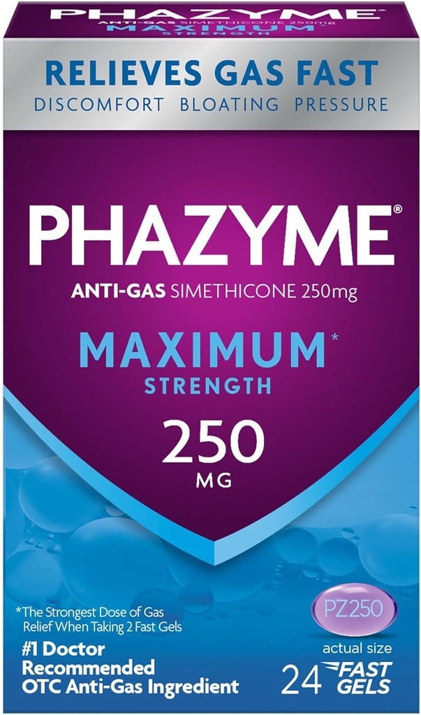 Phazyme Maximum* Força Anti-Gás 250 mg Simethicone gás alívio para adultos, Geles rápidos rapidamente Facilitar o enchimento, pressão e desconforto, 24 contagem