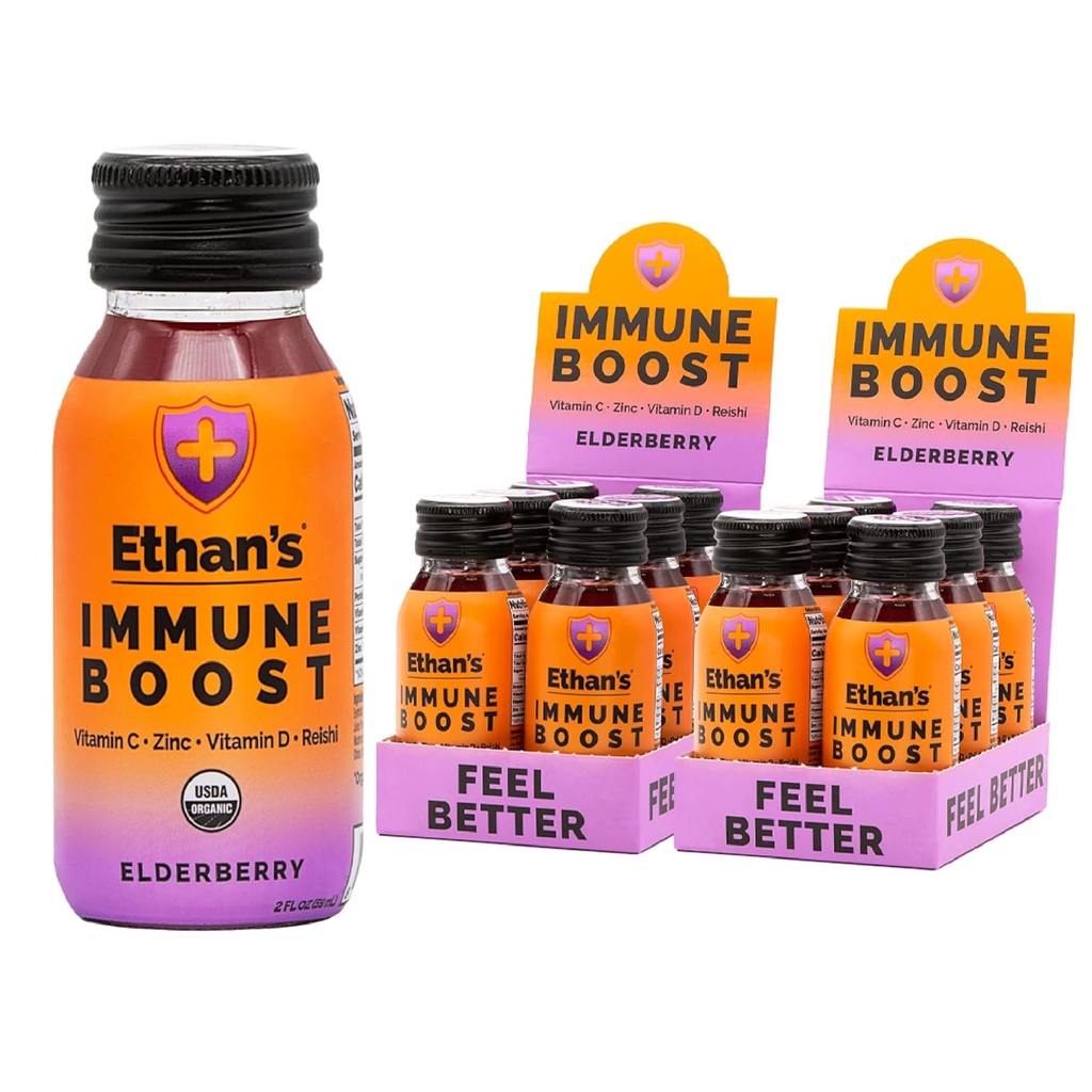 Ethan's Orgânico Imune Boost Shots, Elderberry Flavor. Sente-se melhor. Suporte de Imunidade, Feito com fruta real, Vitamina C, Vitamina D, Reishi, Zinco, sem açúcar adicionado (12 pacote de doses de 2 onças)