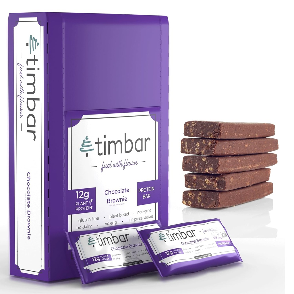 Timbar Protein Bars 12 Pack 12g Protein & 9g Fiber Plant Based- Energy & Nut Bars □ Gluten Free, Non-GMO, Dairy Free, saudável on-the-go lanche & substituição de refeições (12 pacotes, chocolate Brownie)