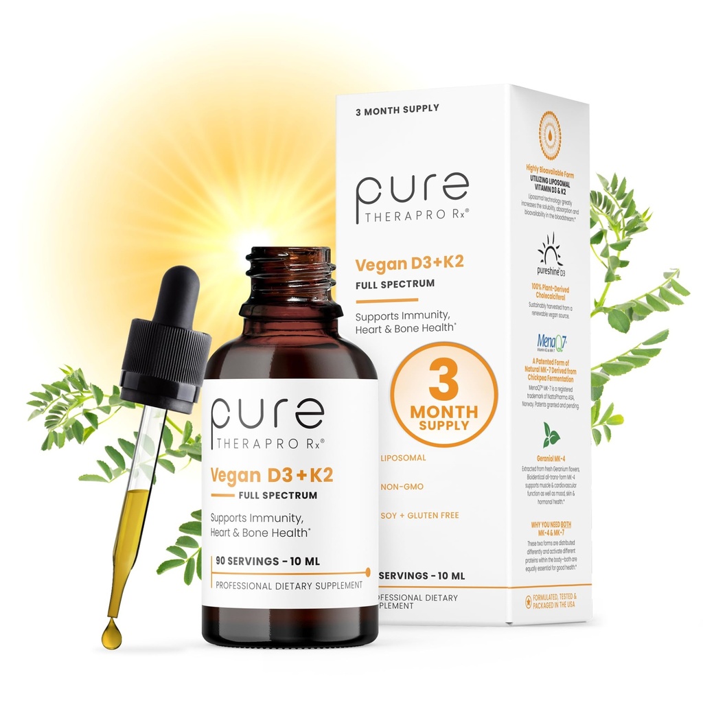Puro Therapro Rx Vegan D3 + K2 Orgânico 100% lipossomal 10ml Made in USA □ 3 Month Supply □ Absorção máxima vitamina D3 e vitamina K2 Suplementos para homens e mulheres, D3 Vitamina 5000 UI