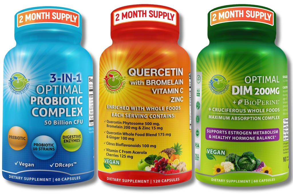 Hormonal Vegan, Immune & Gut Health Support Bundle – Quercetin 500mg com bromelaína, zinco e vitamina C + DIM 200mg com BioPerine® + 3-em-1 Probiótico 50 bilhões de UFC com enzimas digestivas e prebióticos