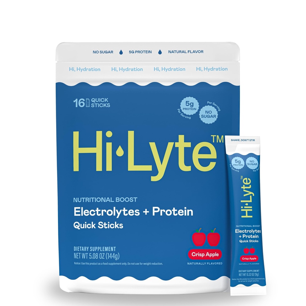 Eletrólitos de Hi-Lyte + Protein Quick Sticks Crisp Apple, 16 Servings - Sódio, Potássio, Whey Protein - Keto Friendly - 5g Protein, Sem açúcar