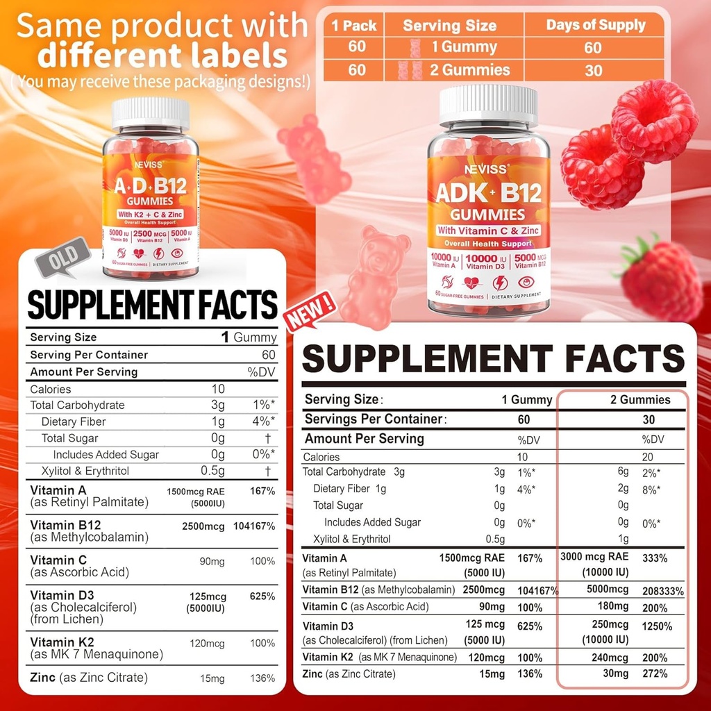 NEVISS 2Pack Vitamina ADK com pastilhas B12 + 1Pack Glucosamina pastilhas cheias