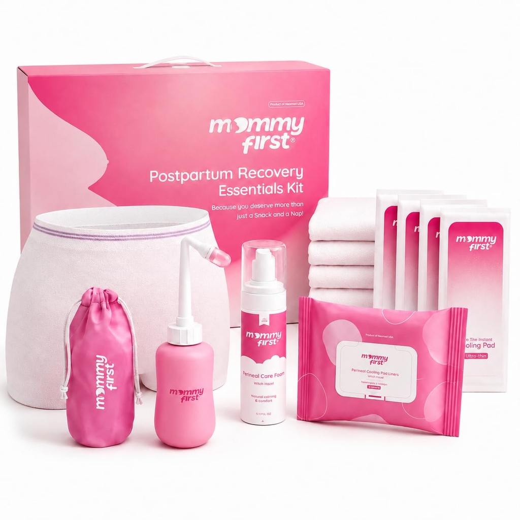 Mammy First® Postparto Essentials Kit de Recuperação – Next-Gen Perineal Ice Packs, Bruxa Hazel Curando Espuma, Bruxa Hazel Liners, Upside Down Peri Garrafa e Pós-parto Roupa interior para recuperação pós-parto