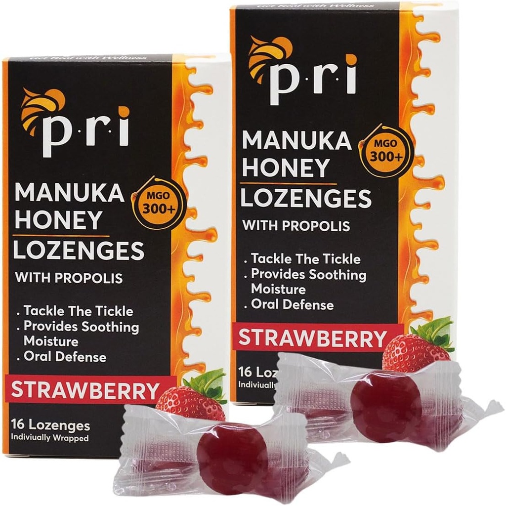 P.R.I Manuka Honey Lozenges com própolis, tosse calmante e gotas de garganta, MGO 300+ Certificado (Strawberry, 16 Count/2 Pack)
