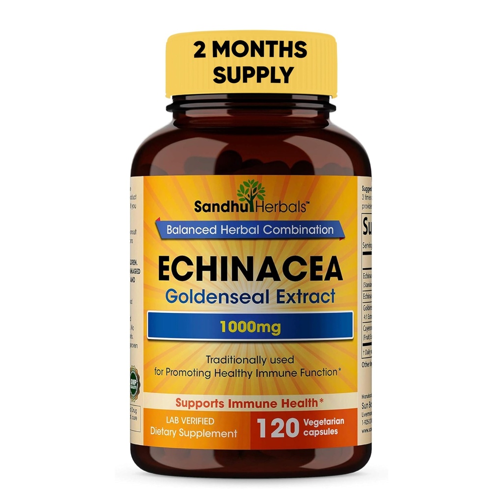 SANDHUHERBALS Sandhu Herbals Echinacea Goldenseal 1000 Mg 120 Cápsulas Suporte do sistema imunológico Resposta respiratória Suplemento de resposta inflamatória