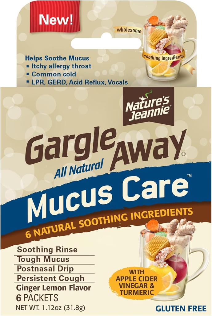 Gargle Away by Nature's Jeannie All Natural Mucus Care - Acalma o muco, Gota nasal Post, Tosse persistente, 6 pacotes, Ginger Lemon Flavor