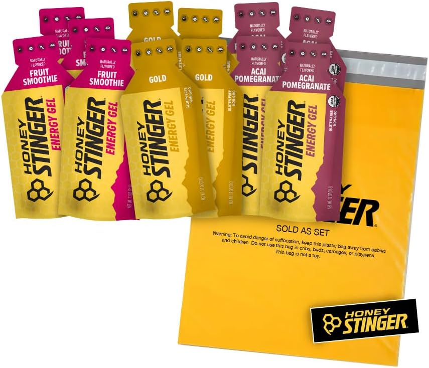 Geles de Energia Orgânica Honey Stinger – Pacote Variety com Sticker - 12 Count – 4 de cada sabor – Fonte de Energia para Qualquer Atividade – Romã Acai, Smoothie de Ouro e Fruta