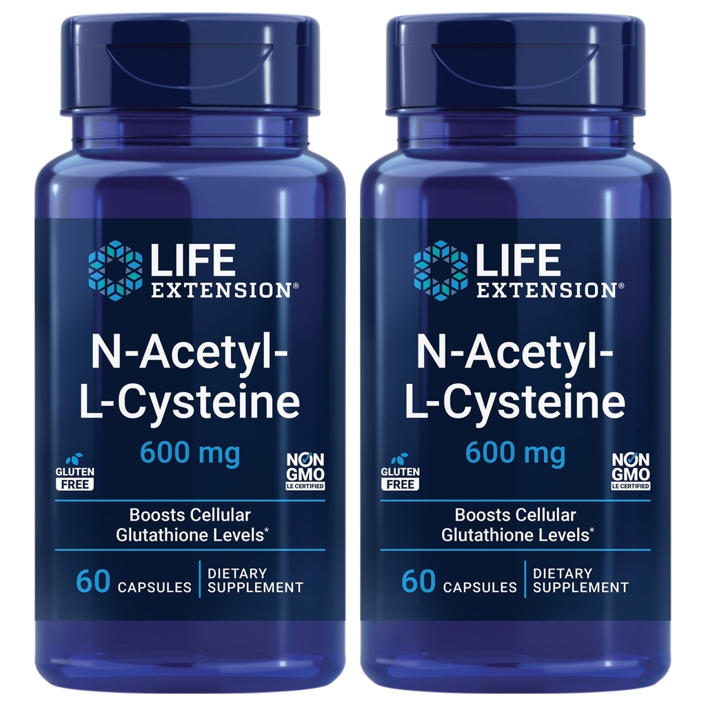 Extensão de Vida N-Acetil-L-Cisteína (NAC), Resposta Imunitária, Saúde Respiratória, Saúde do Fígado, NAC 600 mg, Defesa antioxidante, radicais livres, Fácil de Absorver - Dois Pacote x 60 Cápsulas