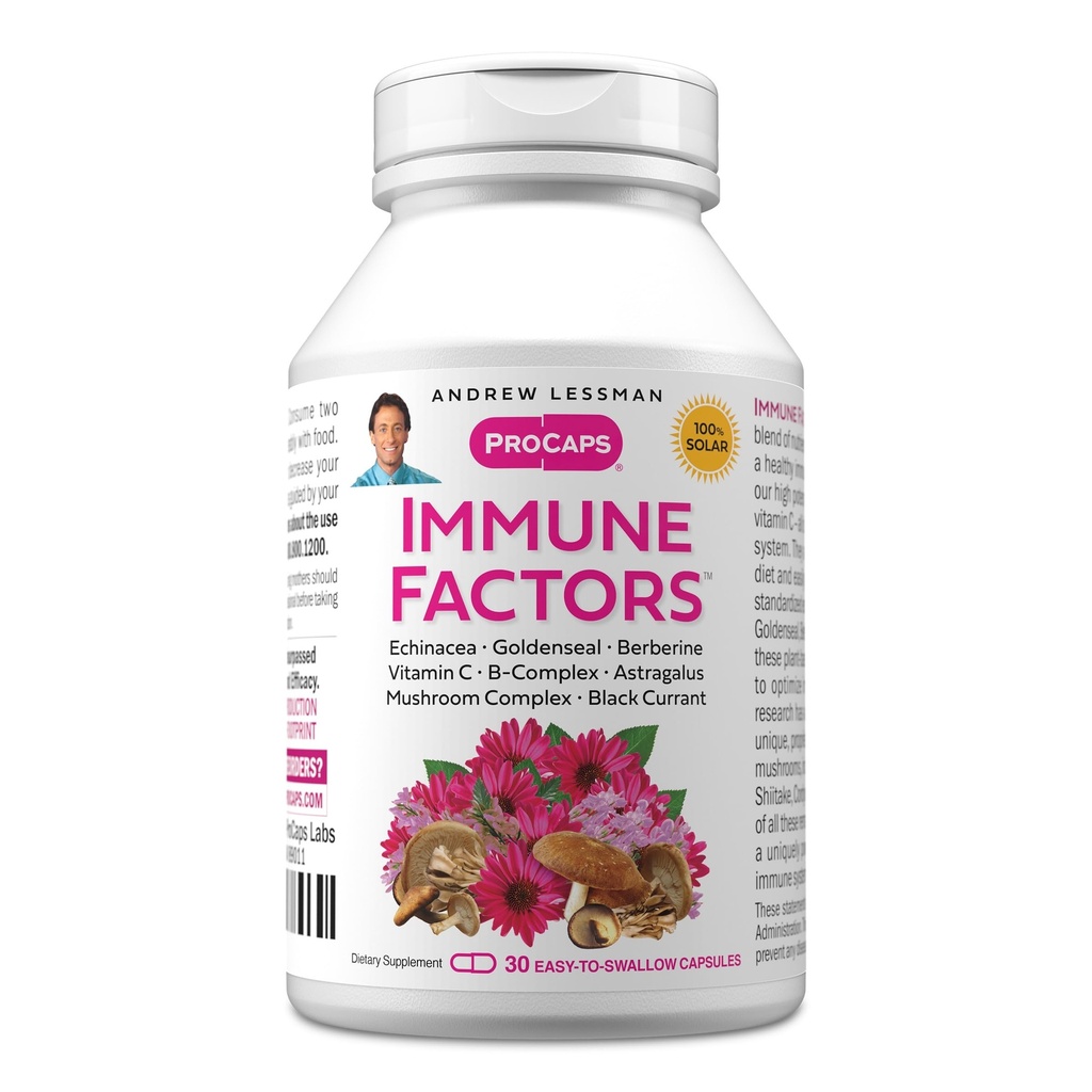 ANDREW LESSMAN Imune Factors 30 Cápsulas - Echinacea, Goldenseal, Vitamina C, Astragalus, Berberine, Cogumelo Mistura, Groselha preta. Apoia e promove o sistema imunológico e defesas naturais