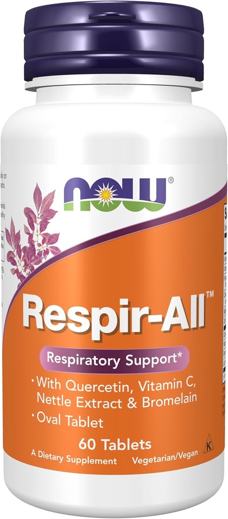 Now Supplements, Respir-AllTM com Quercetina, Vitamina C, Extrato de Nettle e Bromelain, Suporte Respiratório*, 60 Comprimidos