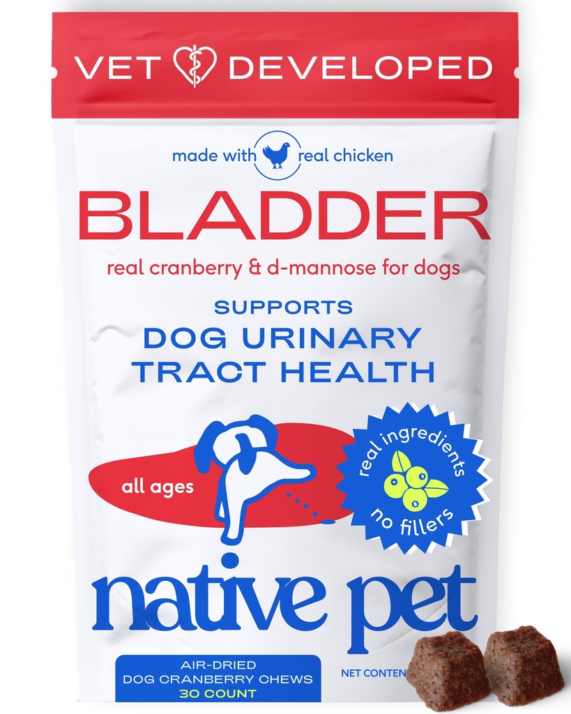 Tratamento ITU cão animal de estimação nativo - Suplemento de cranberry para cães Controle de bexiga e apoio renal - Prevenir infecção urinária e incontinência urinária - Feito com extrato de cranberry real - 30 Mastigações