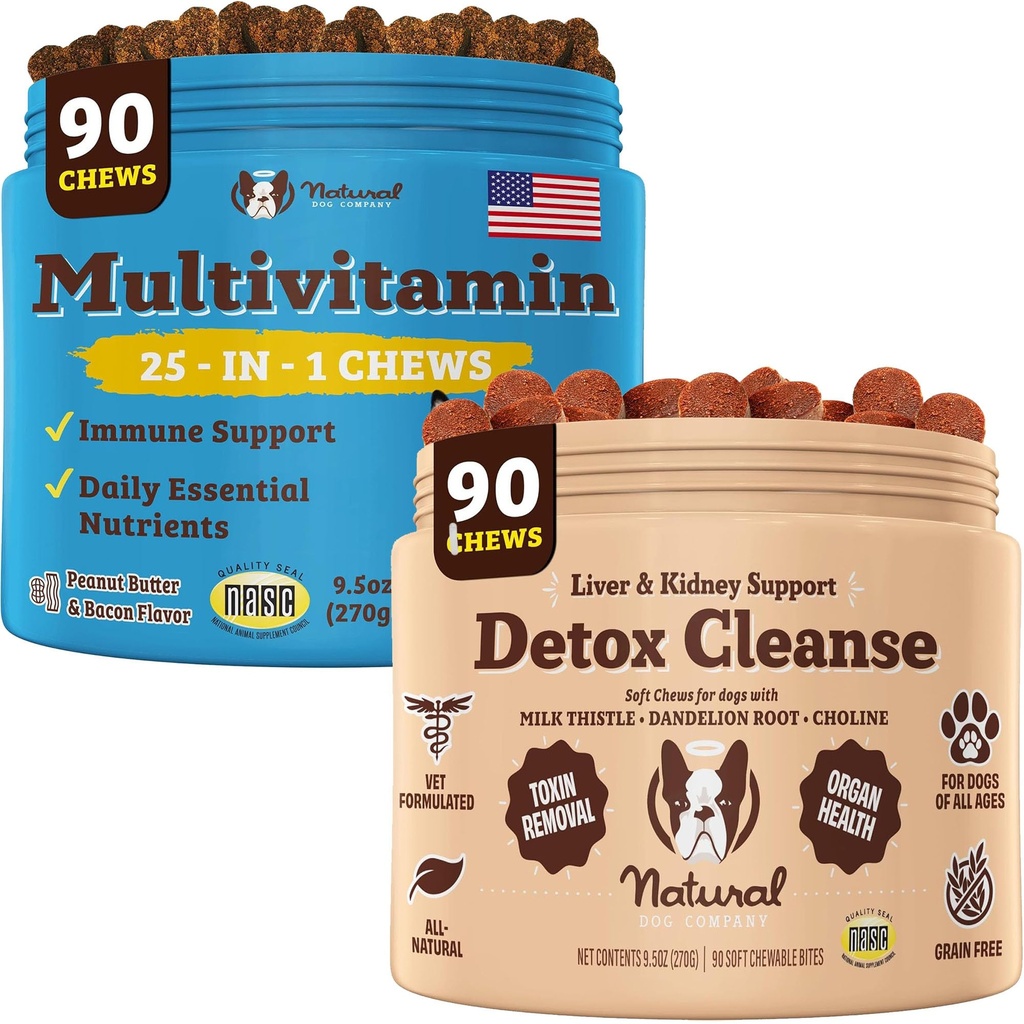 Natural Dog Company Multivitamin & Liver & Kidney Chews Bundle - Suporte à saúde abrangente para cães idosos, promove a desintoxicação, melhor digestão, pele radiante & casaco, fácil de administrar