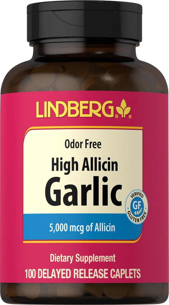 Lindberg suplemento de alho comprimidos 500mg , 100 Caplets , odorless com alta allicin (5000mcg) , Extrato de allium sativum , não-GMO, sem glúten