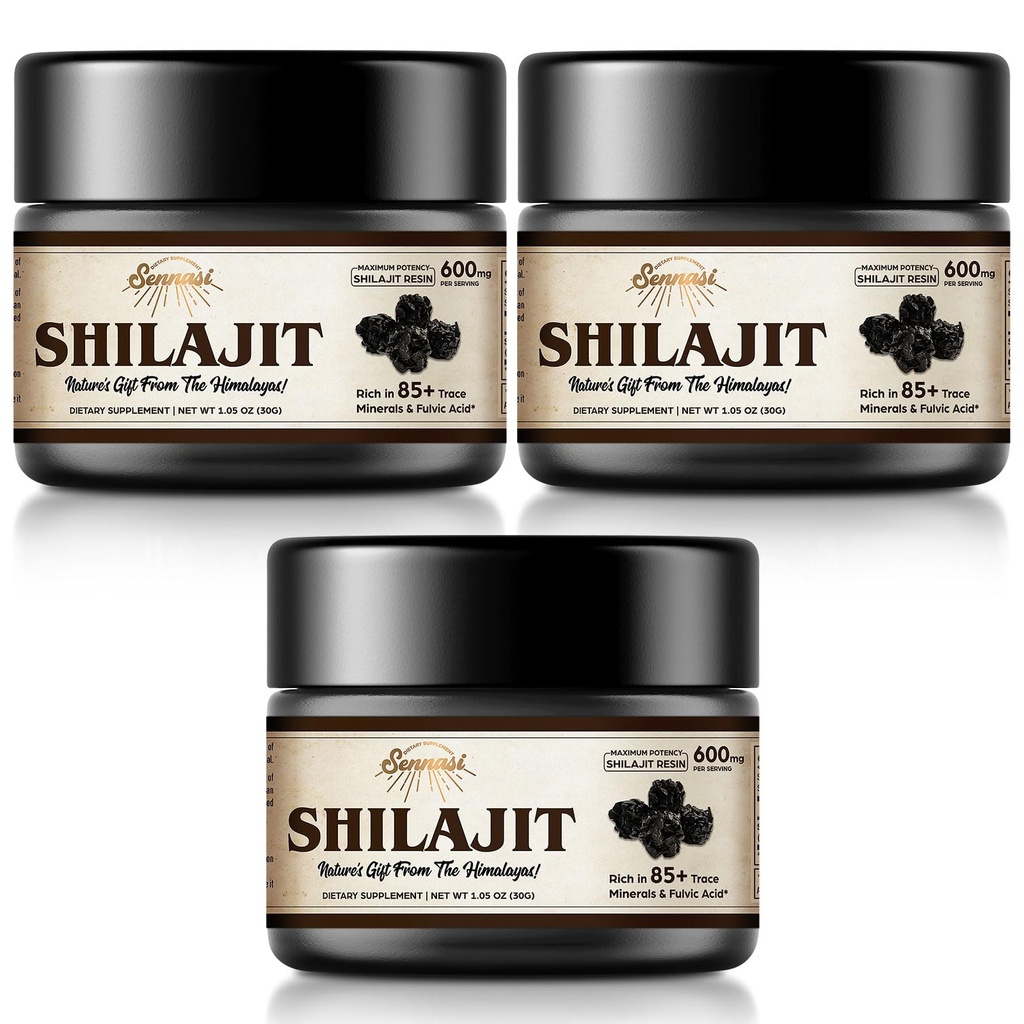 Shilajit Puro Himalaia Resina de Shilajit Orgânica - 600mg de máxima potência Natural Resina de Shilajit Orgânica com 85+ Trace Minerals & Ácido Fulvico para Energia, Suporte Imune, 30 Grams (3 Pack)