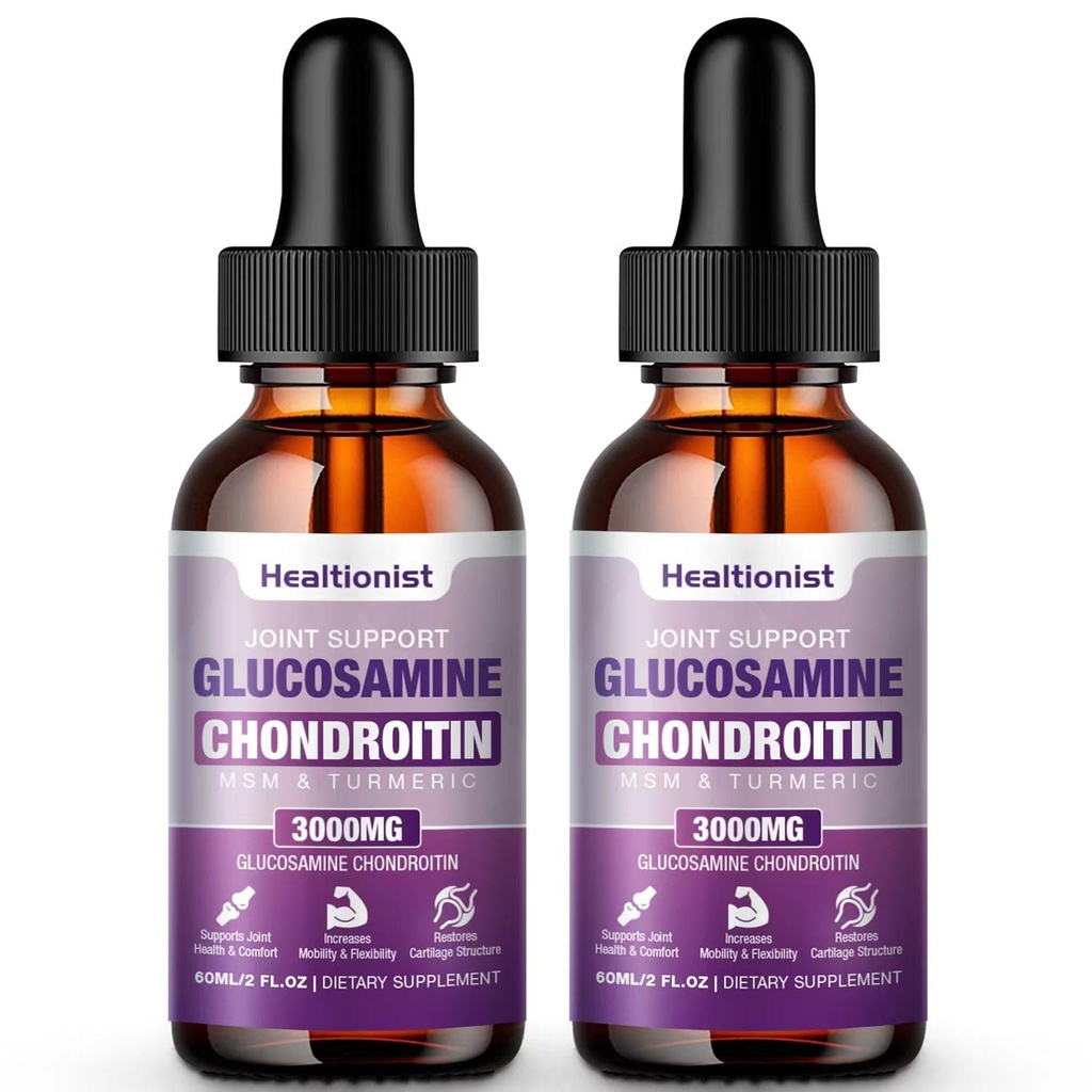 2 Embalagem Glucosamina Chondroitin MSM Liquid Drops, Suplemento de suporte conjunto de força extra para adultos Homens e mulheres, Quercetin Boswelia, Bromelain, Antioxidante Imune Support (4 Fl oz)