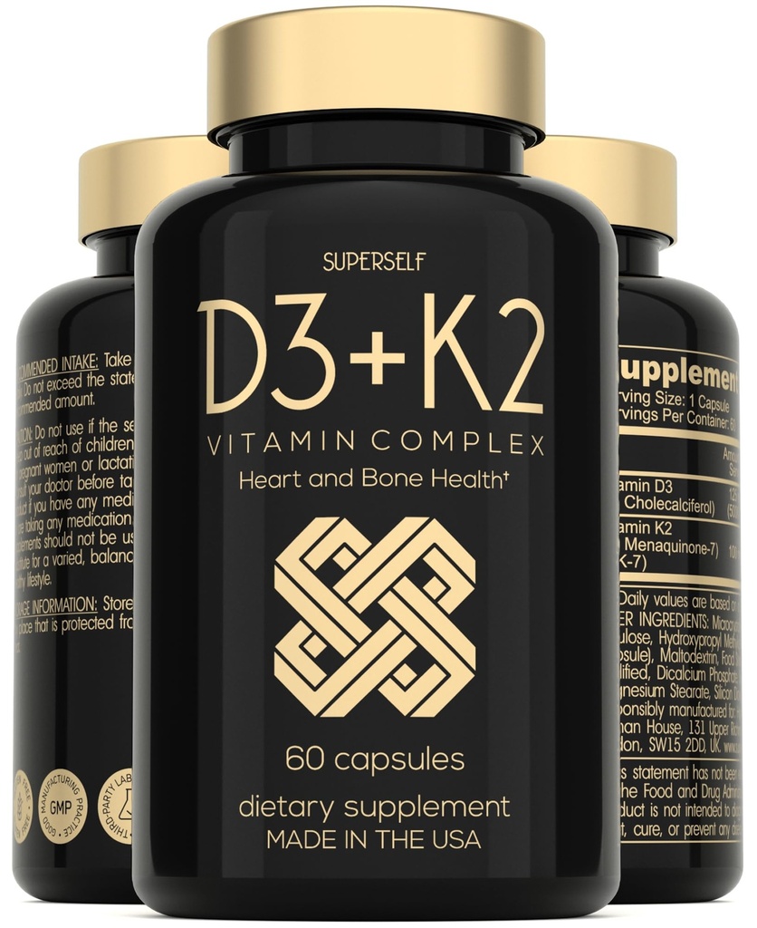 Cápsulas Vitamina D3 K2 - Vitamina D3 5000 UI e Vitamina K MK7 100mcg - 60 Cápsulas - USA Made Vegetarian Vitamina D Supplement - Vit D de alta resistência para ossos, músculos, dentes, sistema imunológico