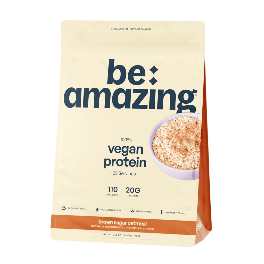BE AMAZING Vegan Protein Powder, Aveia de açúcar marrom, 20g de proteína baseada em plantas com fibra prebiótica, baixo carboidrato, leite e sem glúten Shake Mix, Sem açúcar adicionado, 29.3 oz, 25 Servings