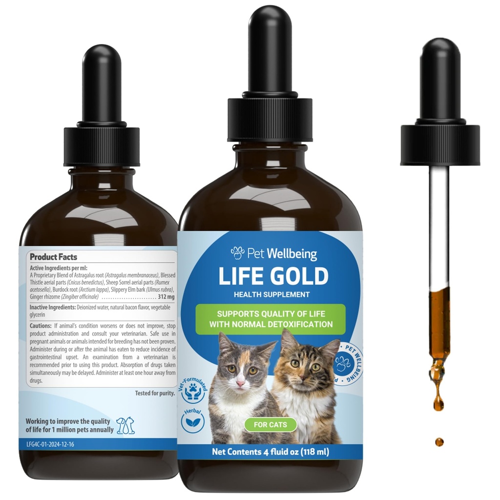 Bem-estar de animais de estimação ouro vida para gatos - Suporta desintoxicação, saúde do sistema imunológico, antioxidantes - Vet-Formulated Herbal Supplement – 4 oz (118 ml)