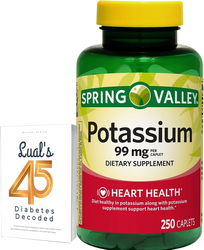 Spring Valley Potássio Coração Saúde Suplemento dietético Caplets, 99 mg, 250 Count, Pacote de Gluconato de Potássio com 45 Diabetes descodificados de Lual