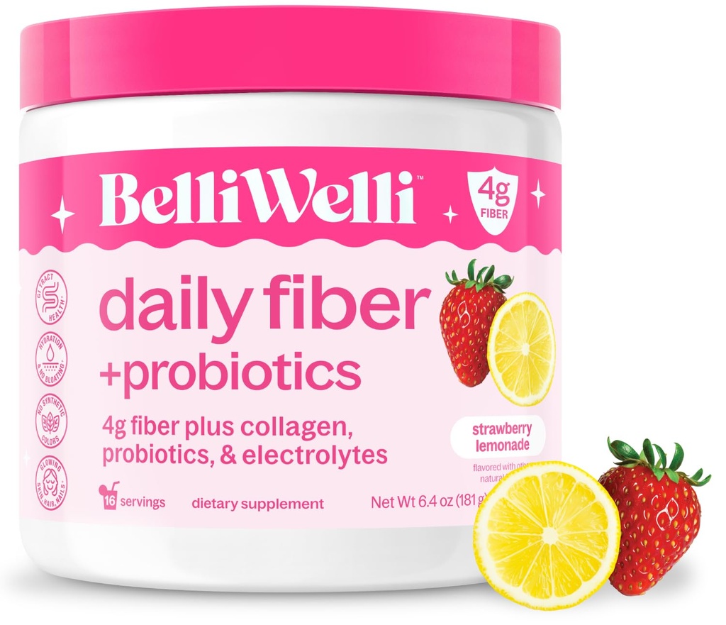 Belli Welli Fiber Supplement for Women & Men, Premium Daily Fiber Powder from Organic Acacia with Added Collagen, Electrolytes & Probióticos, No Bloat, Obstipation & Gut Health Support (Strawberry Limonada)