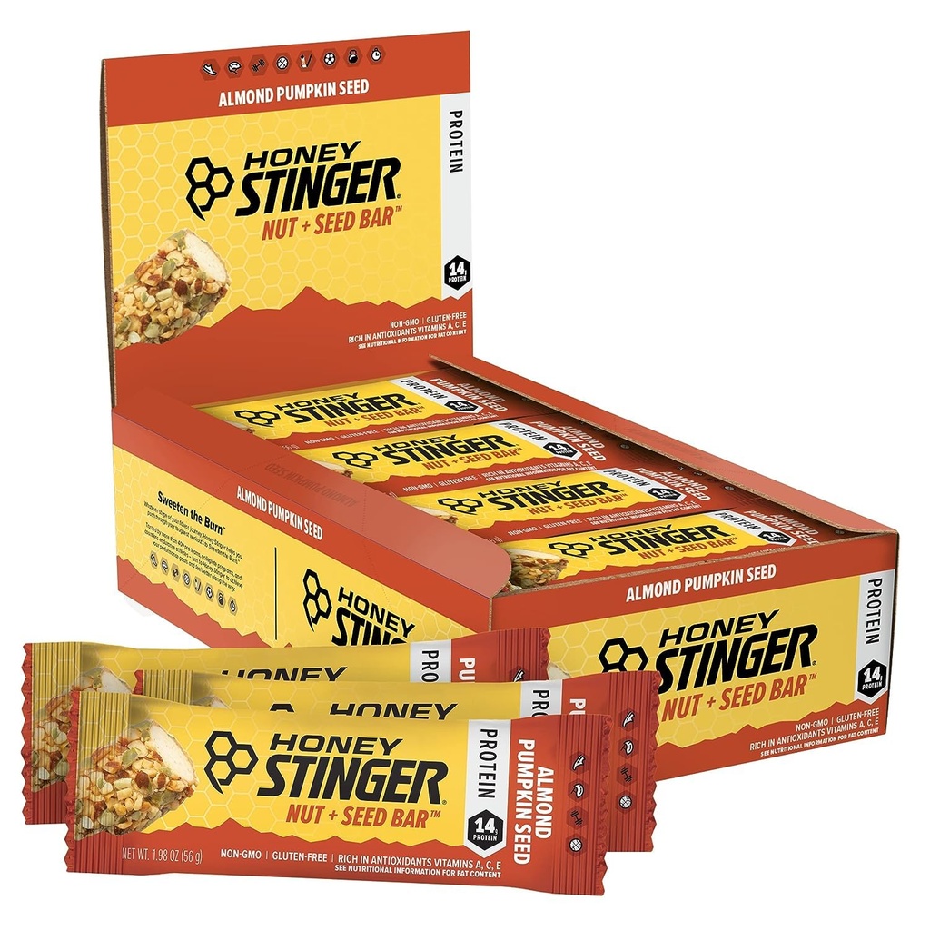 Honey Stinger Nut + Seed Bar, Almond Pumpkin Seed, Protein Packed Food for Exercise, Endurance, Performance and Recovery, Sports Nutrition Snack Bar for Home & Gym, Pós-treino, Box of 12