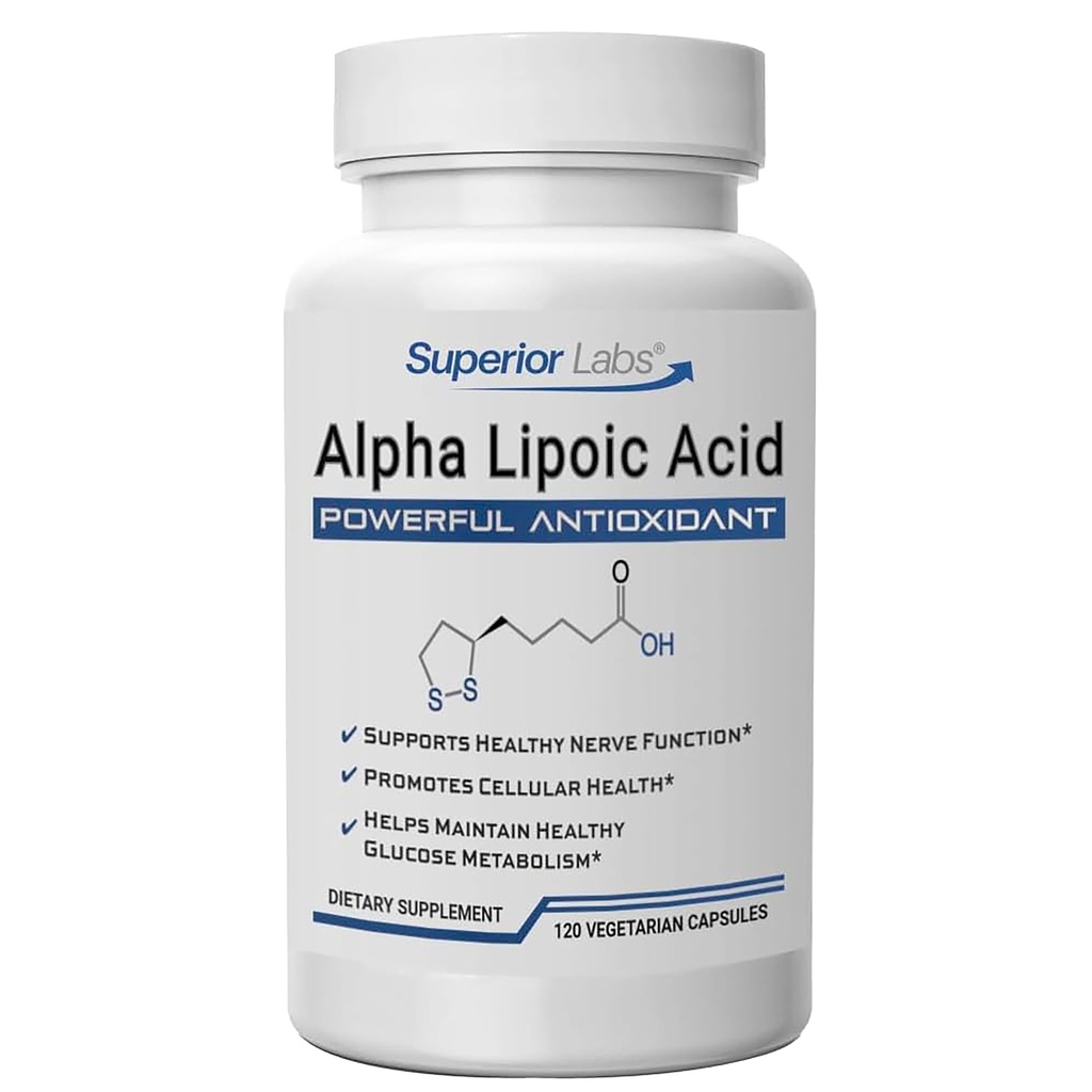Laboratórios Superiores Ácido Alfa Lipóico 600 mg Cápsulas, Pure Non-GMO ALA, Alta Absorção, Suporte Nervoso, Circulação Saudável e Resposta Nervosa, Antioxidante de Envelhecimento Saudável, 120 Veg Caps, Fornecimento de 4 meses