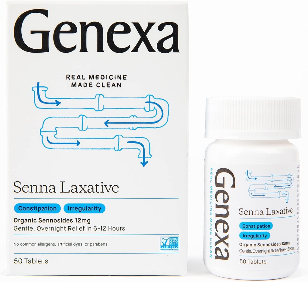 Genexa Senna Laxative Tablets - Irregularidade e alívio da constipação - Effective Gentle, Overnight Laxative - Livre de Talco - Certified Organic & Non-GMO