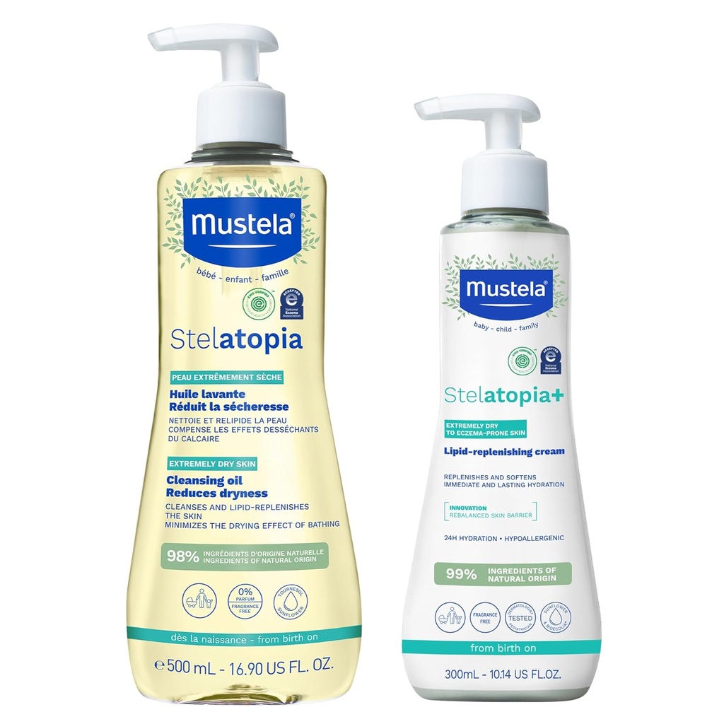 Mustela Stelatopia Eczema-Prone Skin Bath Time Gift Set - Essenciais de cuidados de pele da família - Natural Abacate & Óleo de girassol - EWG Verificado - 2 Items Set - Stelatopia Cleansing Oil e Stelatopia+ Creme