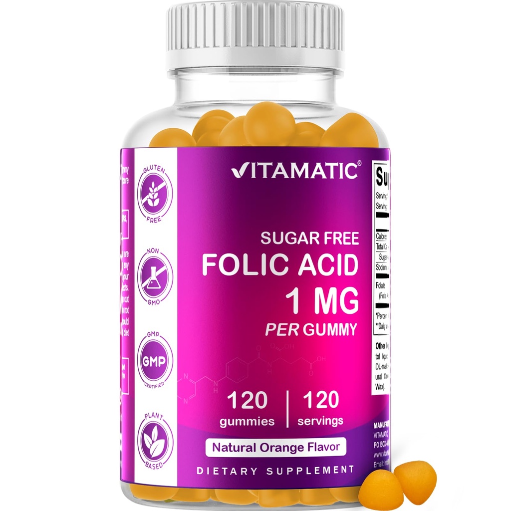 Vitamatic Folic Acid Gummies 1000 mcg (1 mg) - um essencial vitaminas pré-natais para mamãe e bebê - vitamina B9-120 Vegan Gummies (1)