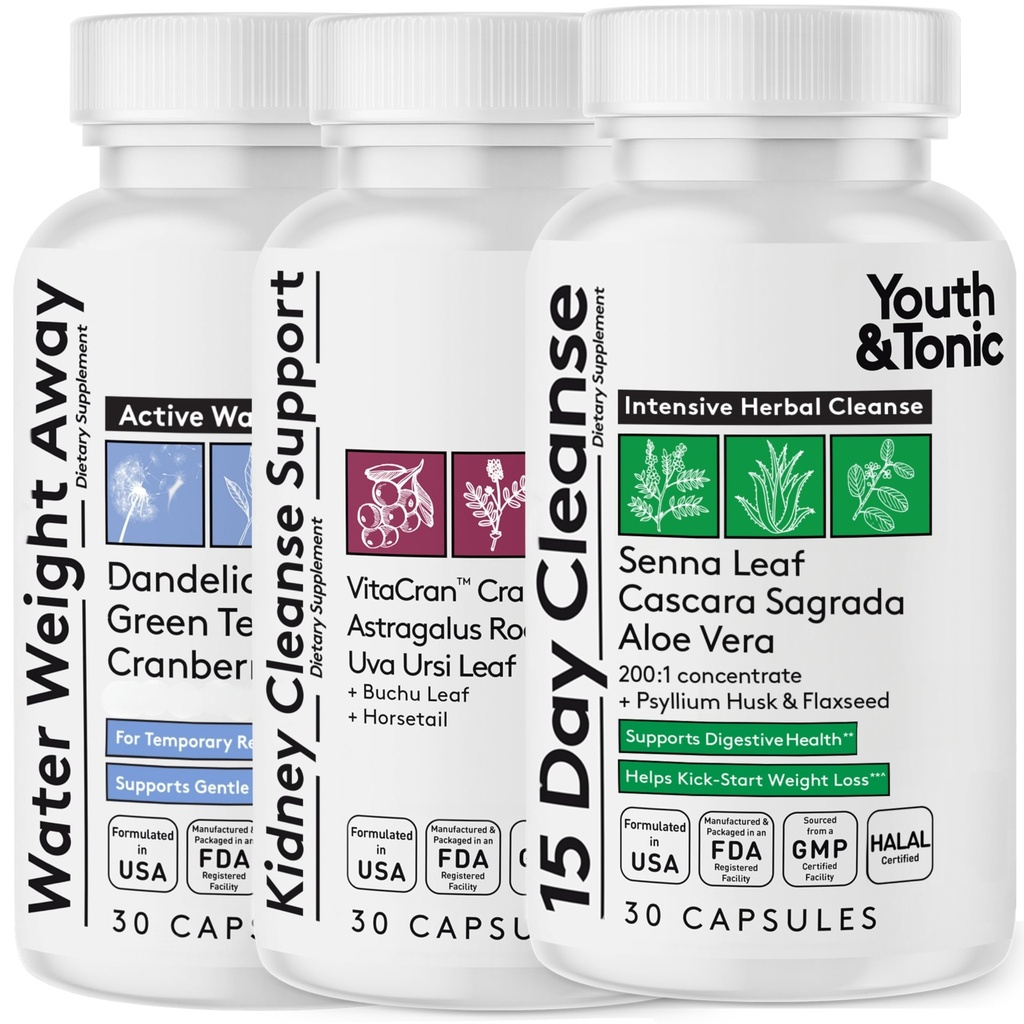 Juventude & Tônico Suporte de Detox Multi-Organ completo – 15 dias Colon Cleanser & Gut Detox, Lavar o Rim, Equilíbrio de Água & Saúde do Fígado, 90 comprimidos para mulheres e homens