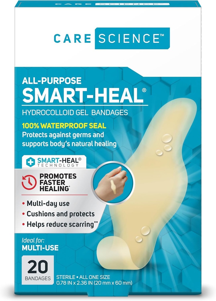 Cuidado Ciência Smart Cura All-Purpose Bandagens de gel hidrocolóide, 20 quilates 100% impermeável, reduz cicatrizes, para cuidados de ferida ou bolhas