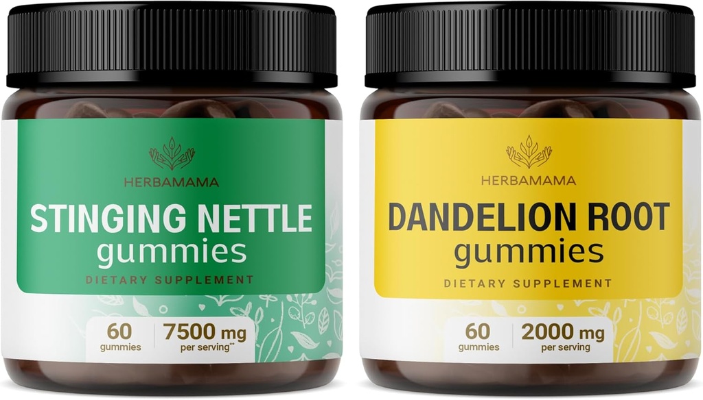 HERBAMAMA Stinging Nettle and Dandelion Kit - Pacote de 7500 mg Stinging Nettle Root & 2000 mg Dandelion Root Gummies - Vegan, Não-GMO, Gelatina-Free - 2 Pack