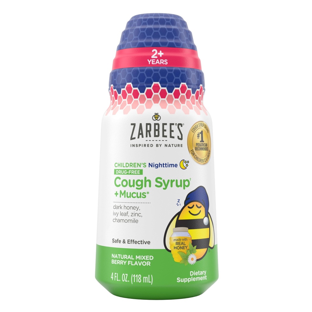 Zarpee's Children's Nighttime Honey Tosse Syrup + Mucus for Kids 2+ + Dark Honey, Ivy Leaf, & Calming Camomila, #1 Pediatrician Recommended, Drug & Alcohol-Free, Mixed Berry, 4 fl. oz